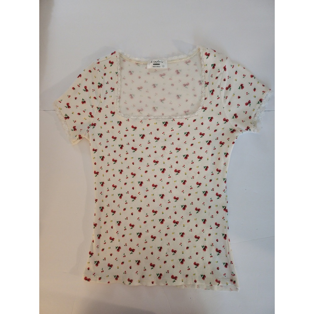 Y2K Electric Behaviour Cream Ribbed Cherry Print Lace Trim Square Neck Top Large